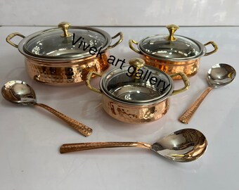 Handmade Hammered Copper Steel Cooking Pot with Glass Lid, Serving Spoon Set