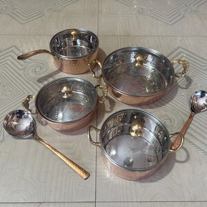 Cazuela de cobre martillado hecha a mano con tapa de vidrio, fuente para servir y olla para cocinar.