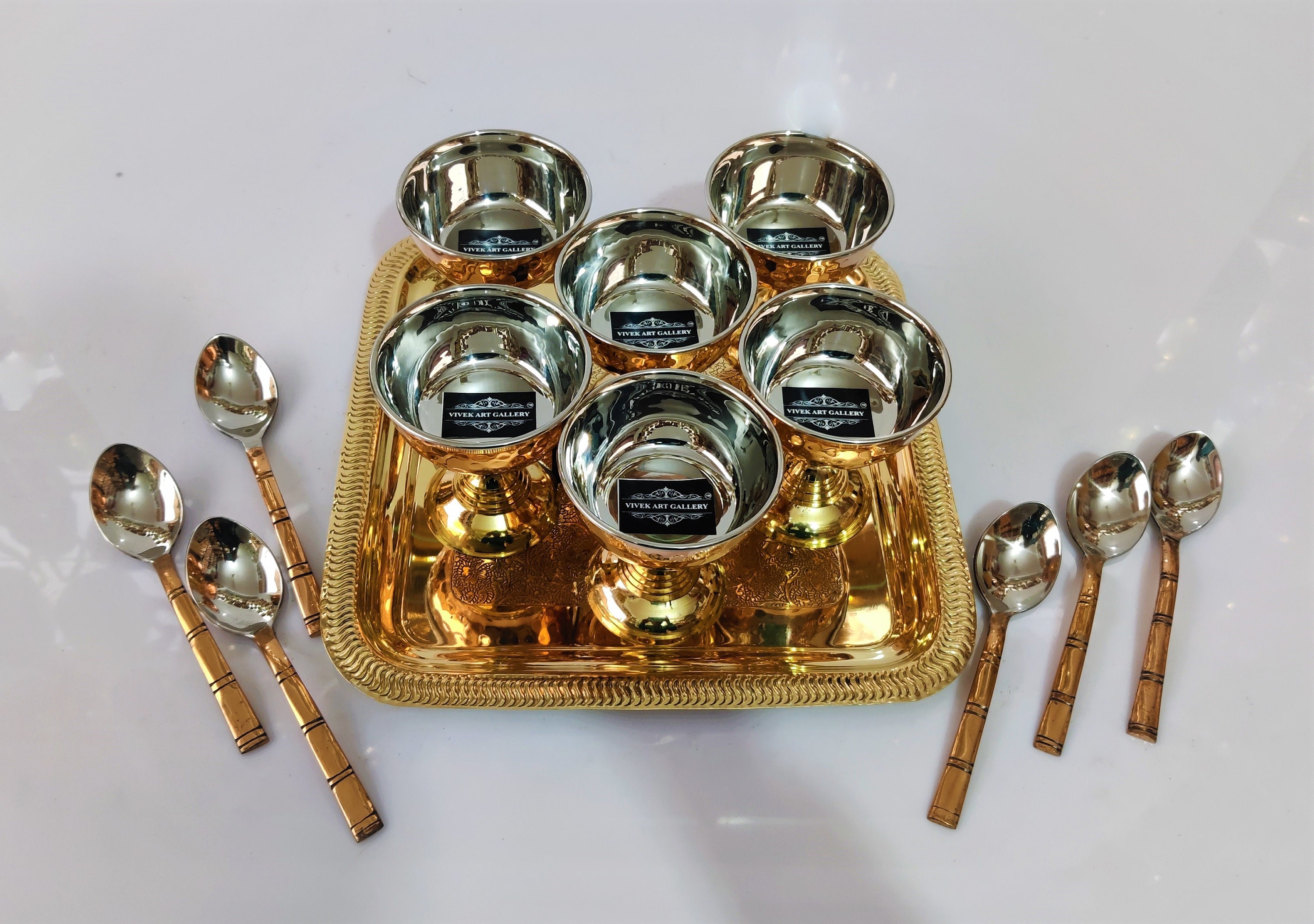 Buy Handmade Hammered Pure 100 % Copper and Stainless Steel and Brass Ice  Cream Bowl and Spoon Combo Set With Brass Tray ,set Use Home, Hotel Online  in India 