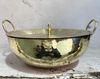 Hammered Brass Kadai Cooking Pot with Lid - Indian Cookware