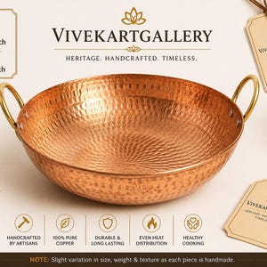 May include: A round, hammered copper bowl with two brass handles. The bowl features a diameter of 11 inches and a height of 3 inches. Text on the image includes VIVEKARTGALLERY, HERITAGE. HANDCRAFTED. TIMELESS., and details about the copper construction.
