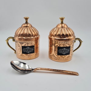 Vintage Handmade Pure 100 % Copper Antique Drinking Mug, Tea Mug With Lid 3 Pcs Combo Set, 2 Pcs Mug, 1Pcs Copper Spoon, Use @ Home, Hotel.