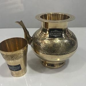 100% Pure Brass Ganga sagar Brass Lota pot with glass Embossed Finis For puja &Home   Yoga Health  Benefits etc .