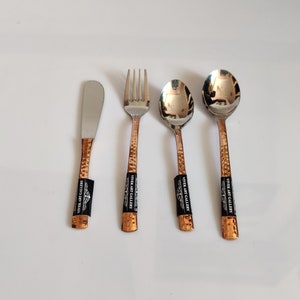Handmade Pure 100% Copper Steel Flatware Cutlery 2 Spoon,1 Fork,1 Knife Complete  Set Of 4 Pics , And Also Gift Set, Use@ Home And Hotel.