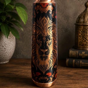 May include: A copper-coloured water bottle with a black background and a detailed gold lion design. The bottle also features red floral accents. The bottle is cylindrical and sits on a wooden surface.
