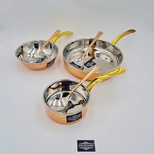 Handmade Hammered Pure Copper And Stainless Steel Cooking Pan With Brass Handle, With Serving Spoon  6 Pcs Combo Set, Cooking Pot, Cook Pan.