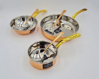 Handmade Hammered Copper Stainless Steel Cookware Set, Brass Handle, 6-Piece