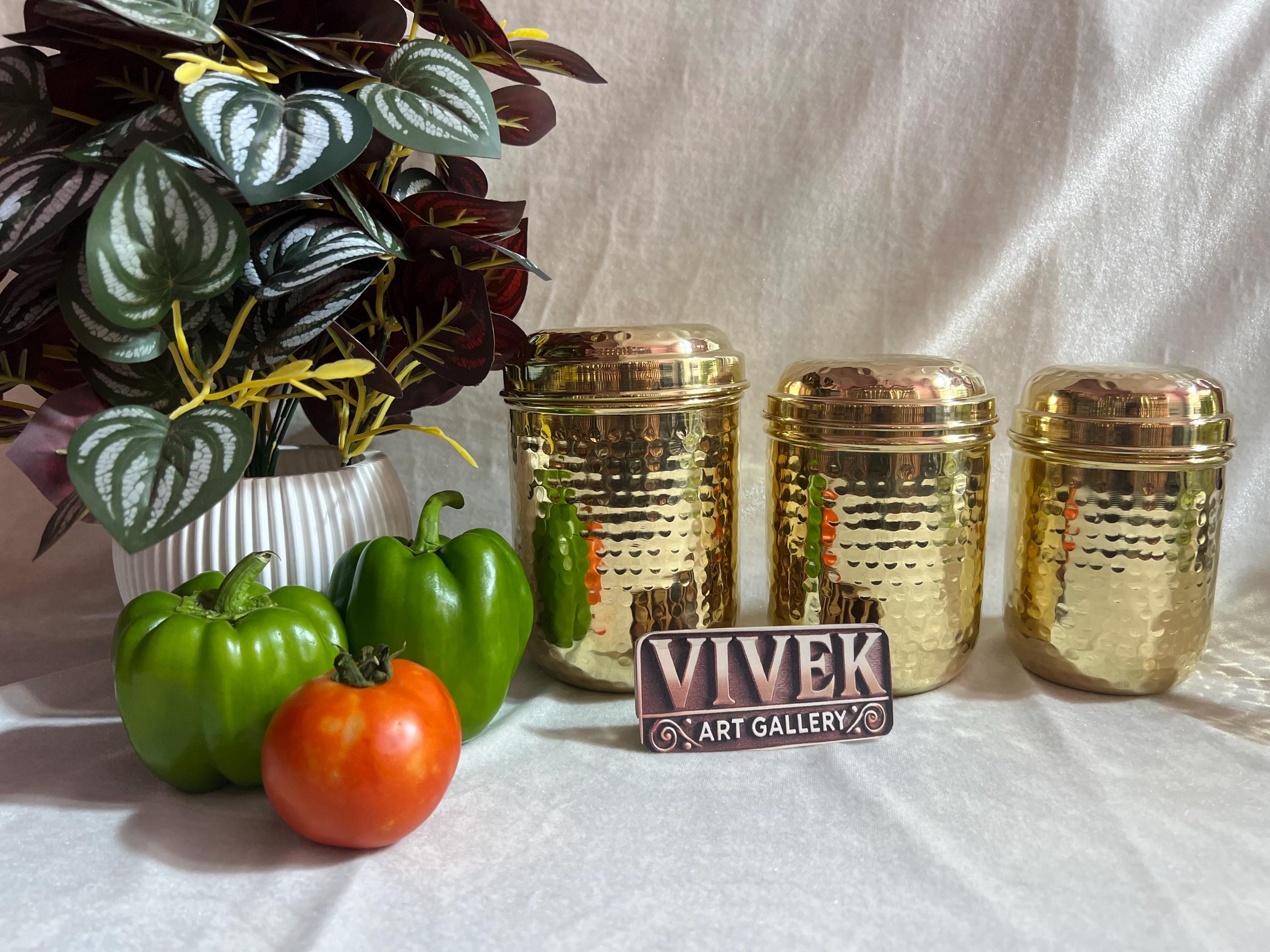 Pure Brass Dibba Box Jar & Conatiner Set with Lid Luxury Hammer Design) Home Hotels, Kitchen Storage Purpose Size-4,5,6 Set of-1 PC