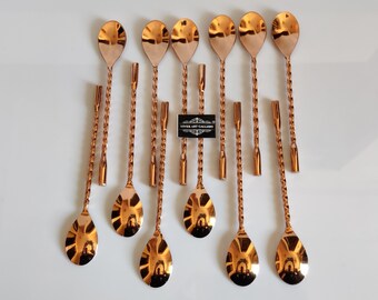 Handmade Copper Barware Spoon Set, Twisted Design (Set of 12)