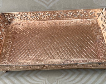 Vintage Handcraft Copper Serving Tray with Brass Handles