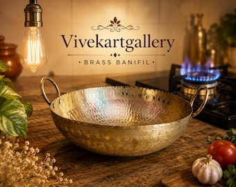 Hammered Brass Kadai Cooking Pot with Lid - Indian Cookware