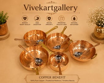 Hammered Copper Kadai and Saucepan Set with Brass Handles – Traditional Indian Cookware