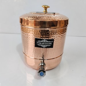 Handmade Hammered Copper Water Dispenser, Antique Ayurveda Pot (8 Liter)