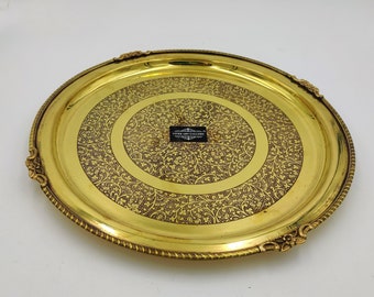 Handmade Etched Brass Serving Tray, Vintage Floral Design, 30cm