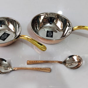 Handgefertigte Bratpfanne aus reinem 100% Kupfer und innen Edelstahl, Kupfer-Kochtopf, mit 2 Löffel Kombi-Geschenkset Verwenden Sie zu Hause, im Hotel