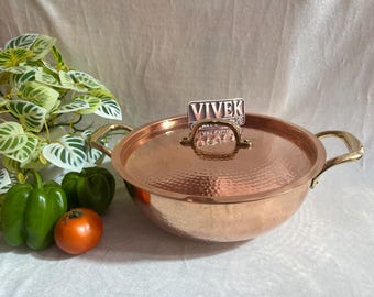 Handmade Copper Kadhai Pot with Lid, Indian Cookware (3000ml)