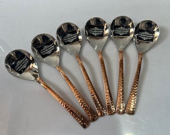 Vintage Handmade Hammered Pure 100 % Copper Serving spoon 6 pic sat copper steel spoon sat