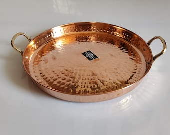 Handmade Round   Pure 100% Copper Tray Hammered Dining Serving Tray, Use @ Home And Hotel, & Also Gift Set.  Ayurveda Health Benefits