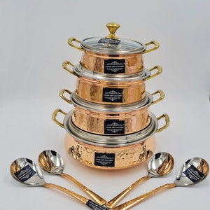 Handmade Hammered Vintage Copper Steel Cooking Pot With Glass Lid, Multi Purpose Pot HANDI Serving POT With Serving Spoon 8 Pcs Combo Set.