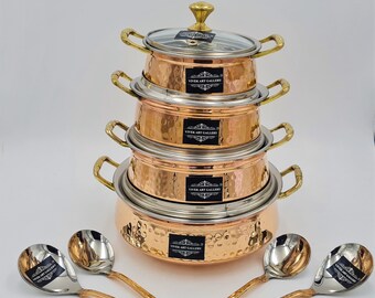Handmade Hammered Copper Steel Cooking Pot with Glass Lid, 8-Piece Set