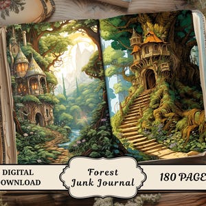 Peut inclure: Journal ouvert avec une illustration de scène de forêt. L'œuvre représente un paysage fantaisiste avec une rivière, des sentiers pavés et des bâtiments de conte de fées. La couverture du journal indique "TÉLÉCHARGEMENT NUMÉRIQUE", "Forest Junk Journal" et "180 PAGES".