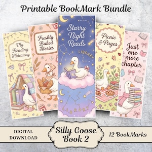 Puede incluir: Un conjunto de 5 marcadores imprimibles con ilustraciones caprichosas. Cada marcador presenta una escena diferente con un personaje de ganso, libros y texto como "My Reading Hideaway" y "Starry Night Reads". Las palabras "Printable Bookmark Bundle" están en la parte superior.