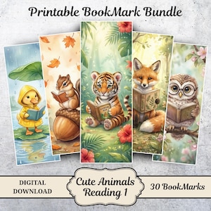 Cute Animal Reading Bookmarks, Kids Reading Gift, Book Lover Stationery, Printable Bookmarks, Kawaii Animal Art, Reader Gift Idea, Part 1