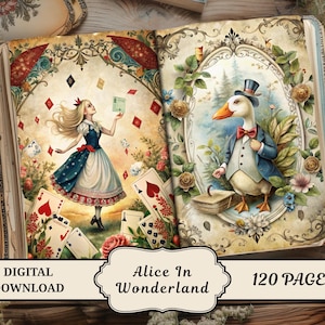 Peut inclure: Un livre ouvert illustré avec des scènes d'"Alice au pays des merveilles". Une page montre Alice avec des cartes à jouer, l'autre un oie en costume. Le texte indique "Téléchargement numérique", "Alice au pays des merveilles" et "120 pages."