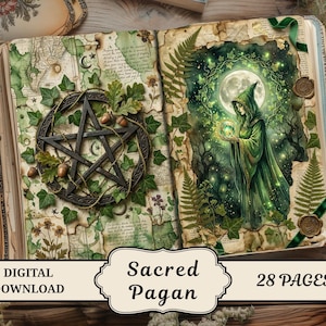 May include: Open book with aged pages featuring a pentagram wreath and a mystical illustration of a figure in a green cloak holding a glowing orb. The text "Sacred Pagan" and "28 Pages" are displayed on a decorative label.