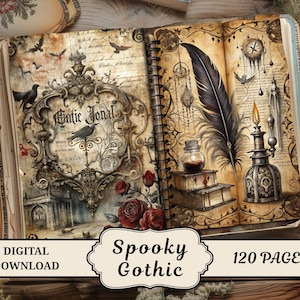 Peut inclure: Journal ouvert sur le thème gothique, avec des cadres ornés, une grande plume et une bougie. Les pages ont une texture de papier vieilli avec des écritures manuscrites et des illustrations. Le journal est intitulé "Gothic Journal". Il est étiqueté "Spooky Gothic" et "120 Pages".