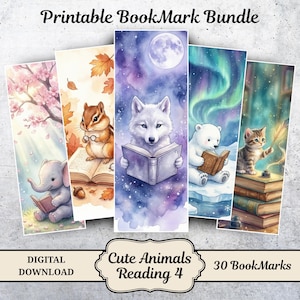 Peut inclure: Un ensemble de cinq marque-pages imprimables avec des illustrations à l'aquarelle d'animaux lisant des livres. Les marque-pages présentent un éléphant, un écureuil, un loup, un ours polaire et un chaton. Le texte "Printable Bookmark Bundle", "Digital Download", "Cute Animals Reading 4" et "30 BookMarks" est également visible.