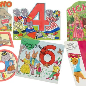 d'anniversaire vintage inutilisée pour enfants | carte d'anniversaire pour enfants des années 50 | carte de voeux vintage pour 2, 4, 6, 8 ou 9 ans