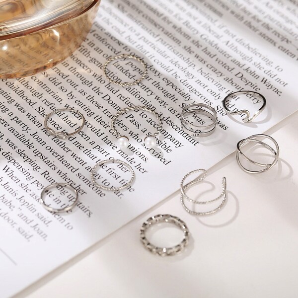 10 Pcs Rings set｜Silver plated / Minimalist Silver Rings｜Small rings｜Simple Cool Rings｜Ring Size US 5 - US 7.5