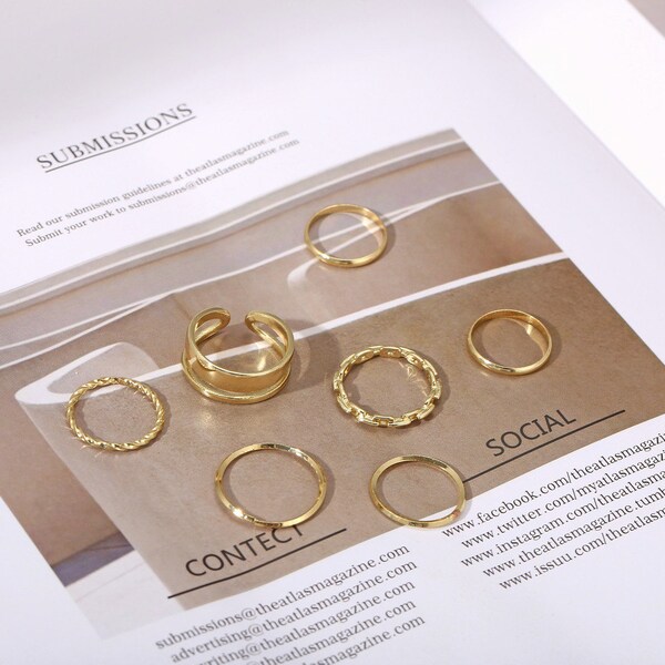 7 Pcs Rings set｜gold plated / Minimalist Gold Rings｜Small rings｜Simple Cool Rings｜Ring Size US 5 - US 7.5