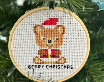 Handmade Teddy Bear Cross Stitch Ornament – “Beary Christmas” Hoop Art