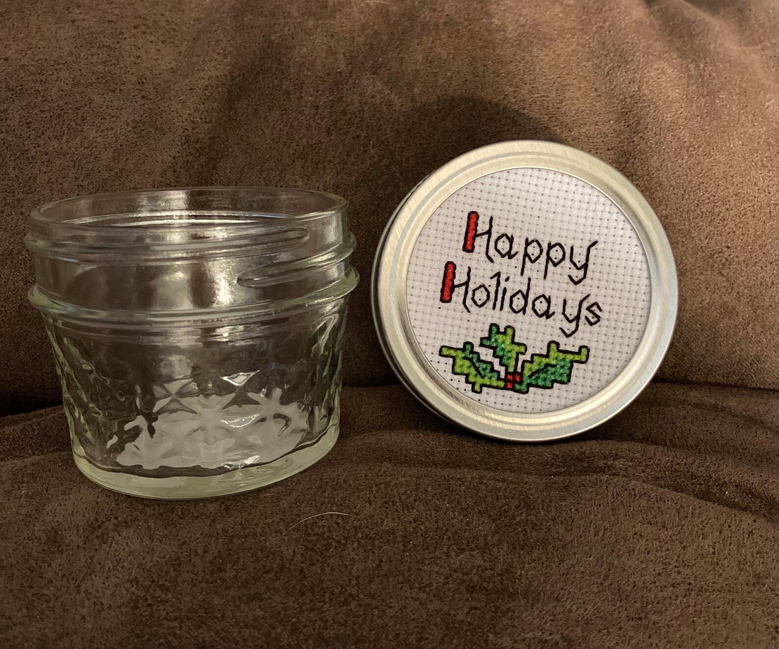Completed cross stitch handmade jar lid Etsy