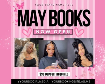 Peut inclure: Fond rose et blanc à rayures avec des papillons et des cœurs. Le texte indique "MAY BOOKS NOW OPEN". Trois photos de femmes avec des coiffures différentes. Le texte indique "30 € DE DÉPÔT REQUIS @YOURSOCIALMEDIA | YOURBOOKINGSITE.AS.ME TÉLÉCHARGEMENT INSTANTANÉ MODÈLE CANVA MODIFIABLE DIY hustle girl studio"