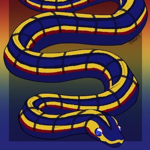 May include: A digital illustration of a snake with a blue body, yellow and red stripes, and a checkered pattern. The snake has blue eyes and a yellow head. The background fades from red to blue.