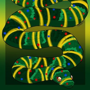 May include: A digital illustration of a green snake with yellow stripes and red and blue dots. The snake is coiled and has a detailed head with orange eyes. The background is a gradient of green.