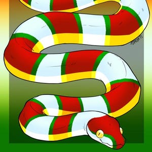 May include: A vibrant illustration of a snake featuring a pattern of red, white, green, and yellow stripes. The snake is coiled, with yellow eyes, against a background that fades from red to green.