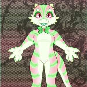 May include: A digital illustration of a bipedal creature with pale green skin and horizontal pink stripes. The creature has large pink eyes, small horns, a green bowtie at the neck, and a long tail. It stands in a front-facing pose with arms extended.