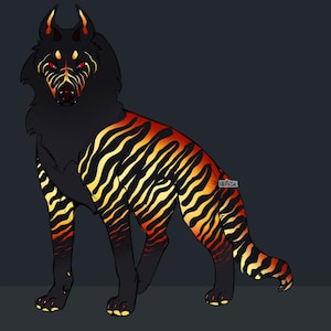 May include: A digital illustration of a stylized wolf-like creature. The creature has black fur with fiery orange and yellow stripes. It has red eyes and small horns. The background is a dark gray.