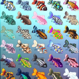 Puede incluir: Una colección de treinta ilustraciones de peces dorados coloridos, cada uno con patrones y tonos únicos. Los peces varían en color, incluyendo azul, naranja, rosa y verde, con diseños intrincados en sus cuerpos y aletas. Una vibrante exhibición de arte acuático.