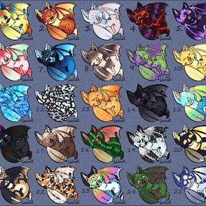 May include: Twenty-five cartoon bat illustrations, each with distinct colour schemes and patterns. The bats feature large ears and wings, curled up. Each design is labelled with a number and the name "Lechet".