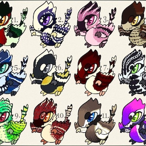 May include: Twelve cartoon illustrations of colorful, patterned, dinosaur-like creatures with numbers 1 through 12 next to each one.