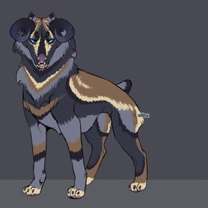 May include: Illustration of a canine-like creature with ram horns, featuring a color palette of brown, black, and blue. The creature has blue eyes and a pink nose, standing against a gray background.