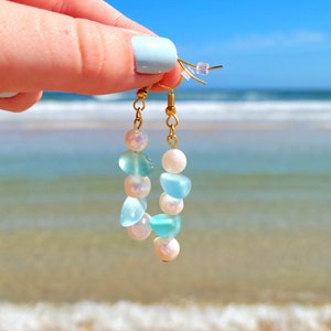 Blue sea glass and pearl earrings - 14k gold plated - beachy boho earrings