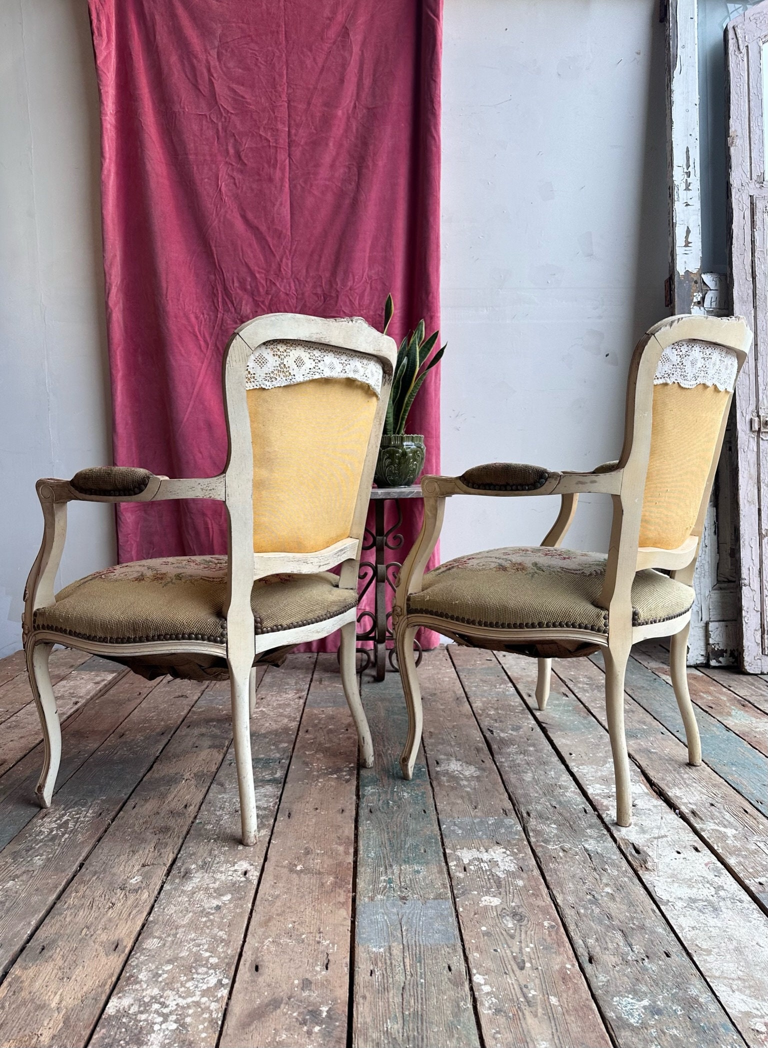 Antique Pair of French Louis XV Style Walnut & Tapestry Salon Armchairs  (Circa 1920) - Yola Gray Antiques & Interiors