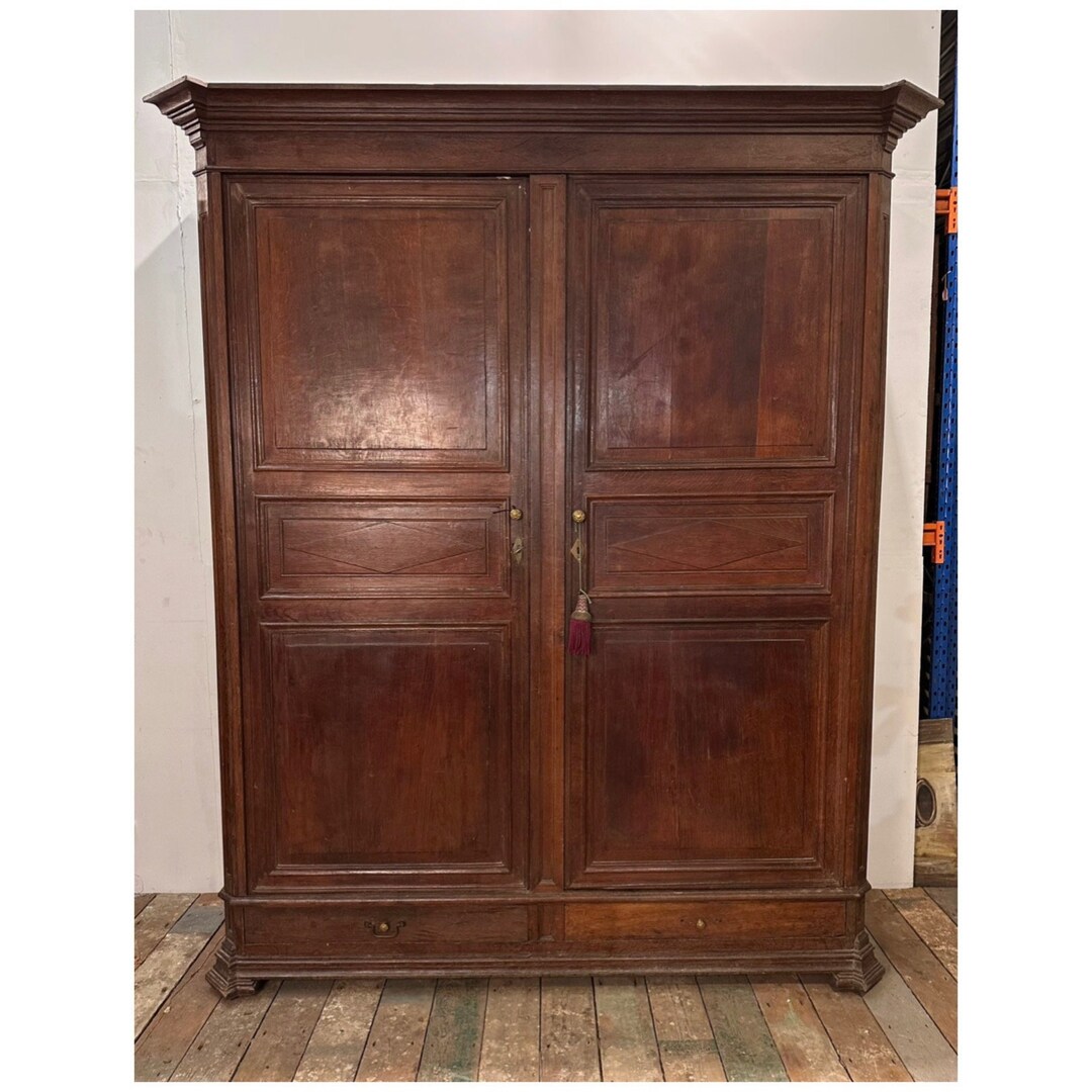 Antique Oak Knockdown Wardrobe W/ Panelled Doors & Original Hardware C