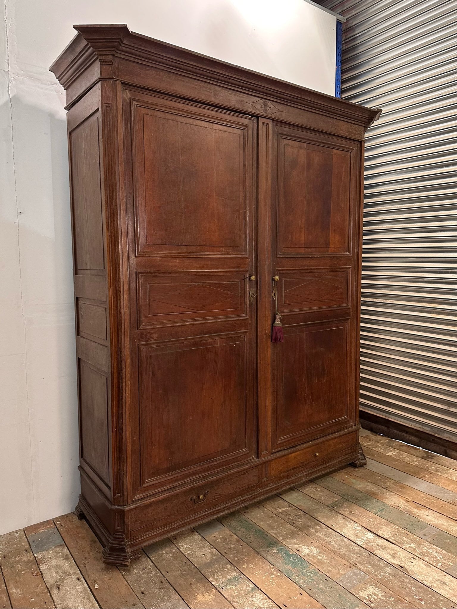 Antique Oak Knockdown Wardrobe W/ Panelled Doors & Original Hardware C
